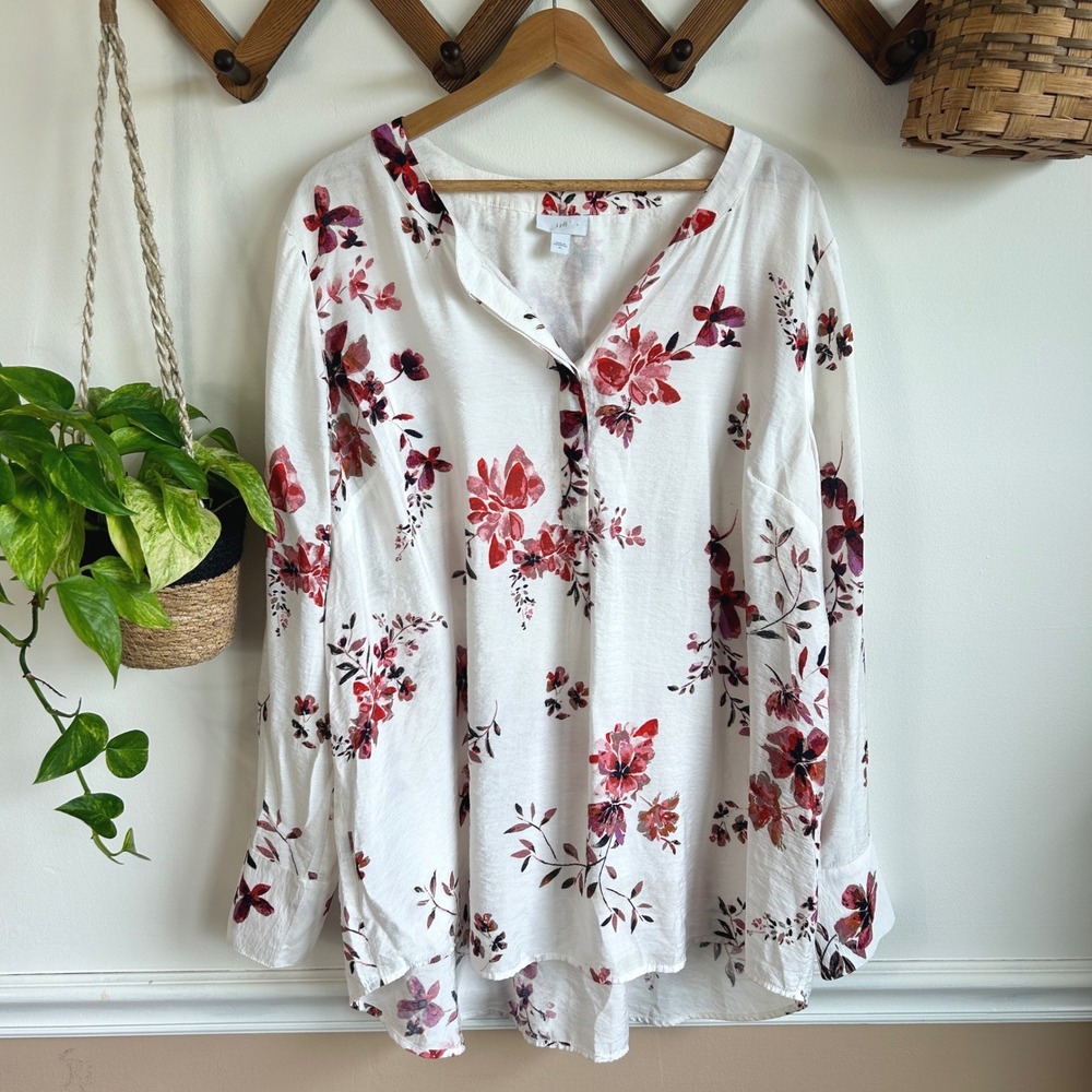 J. Jill XL Floral Watercolor Tunic Top White Red Long Sleeve Split Neck Blouse